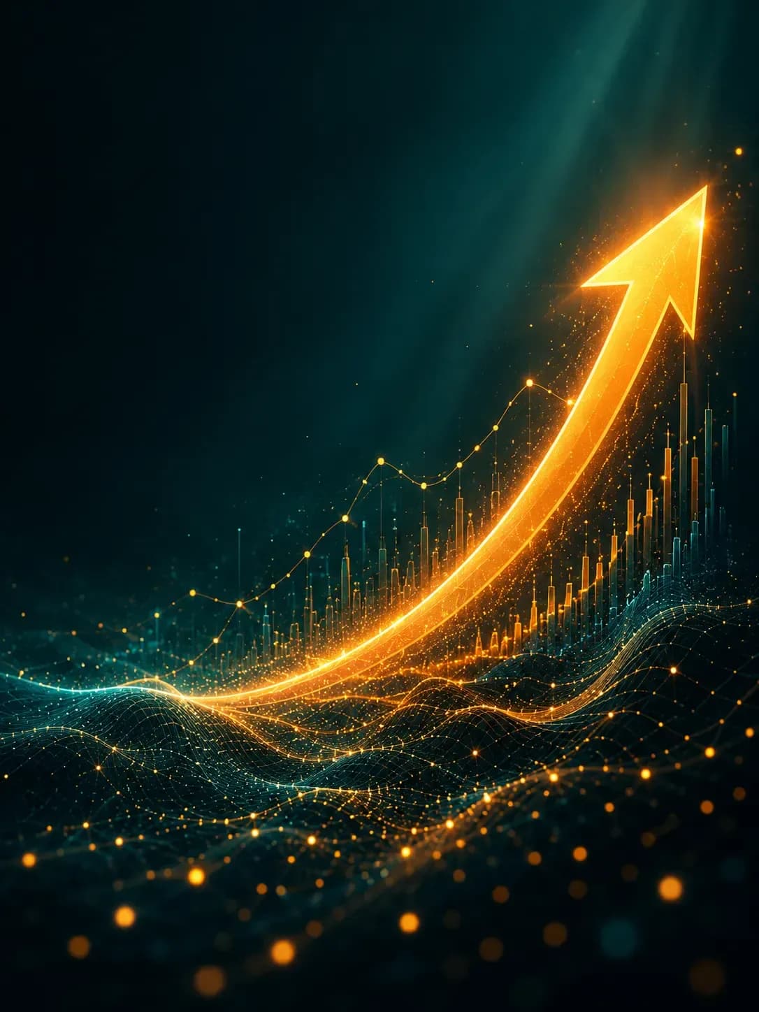 An abstract teal field with a single amber line ascending and breaking through the top edge.